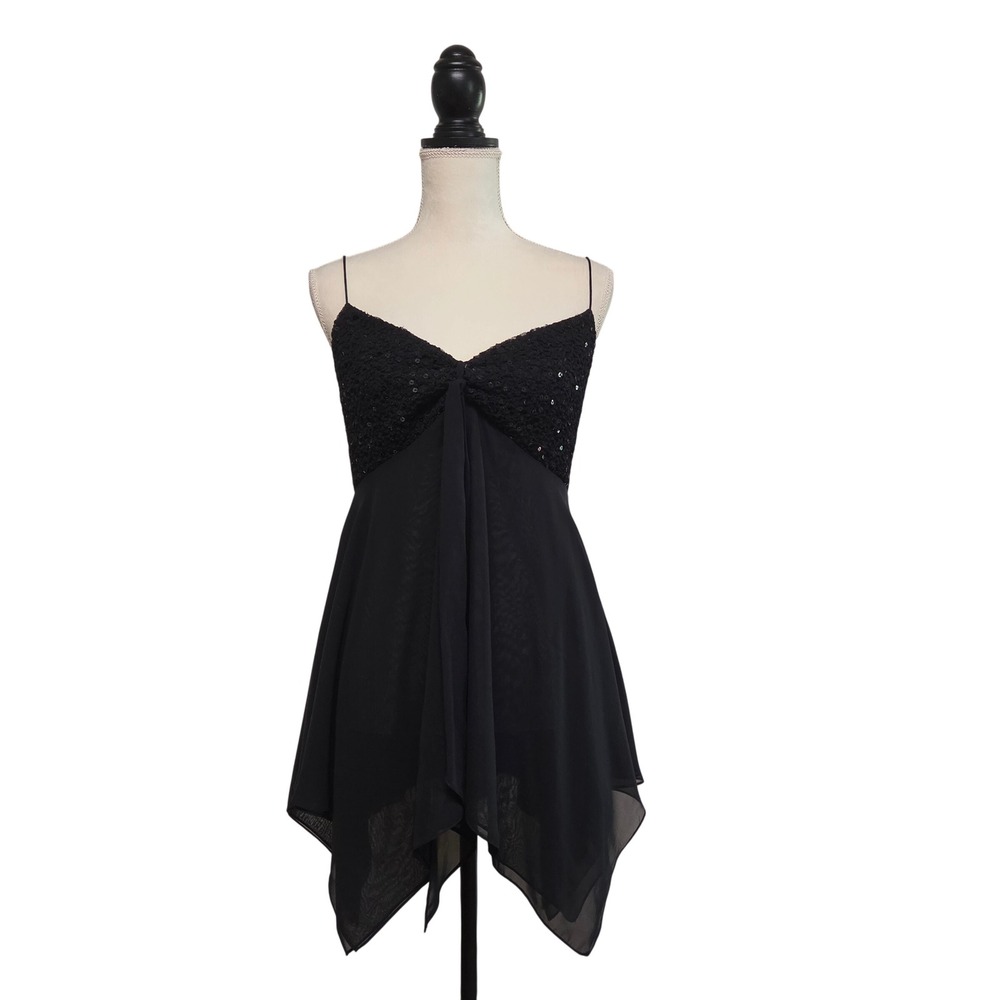 Y2K Black Sequin Handkerchief Hem Sheer Chiffon Cami Size XL Whimsigoth Fairy